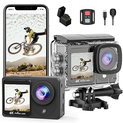 TIMNUT 4K Action Cam Touchscreen - Dual Screen 40M Unterwasserkamera 170°Weitwinkel Helmkamera 20MP Wasserdicht Actionkameras mit Fernbedienung, 2 Akkus und Zubehör Kit von TIMNUT