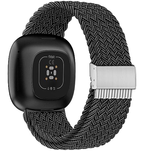 TINICR Geflochtenes Solo Loop Armband Kompatibel mit Fitbit Versa 4/Fitbit Sense 2/Fitbit Versa 3/Fitbit Sense Armband, Elastisches Verstellbares Nylon Sport Armbänder (Schwarz-Grau) von TINICR