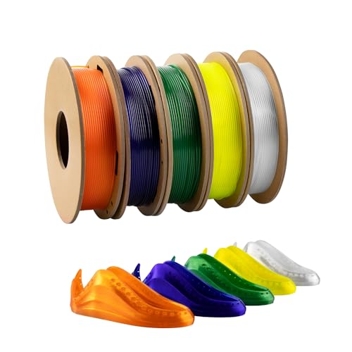 TPU Filament 1.75mm Bundle, TINMORRY 3D Printer Filament Bundle, 200g x 5 Spools, Transparent + Transparent Orange + Transparent Yellow + Transparent Violet + Transparent Emerald Green von TINMORRY