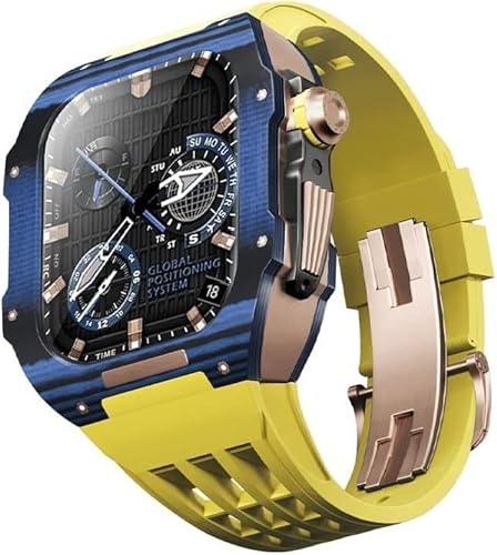 TINTAG Mod Kit Kohlefaser-Gehäuse für Apple Watch Serie 8 7 6 5 4 3 SE, Metallgehäuse, Fluorkautschuk-Armband mit Verschluss für Herrenuhrenzubehör (Farbe: 4-YRGB, Größe: 44 mm), 44MM, Achat von TINTAG