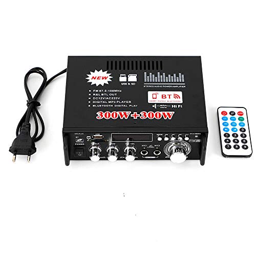 Audio Verstärker Stereo 300W+300W Digital Hifi Music Verstärker Bluetooth Audio Amplifier, Unterstützt FM MP3/USB/SD-Lesegeräten, mit Zwei Mikrofon Eingang fit und Fernbedienung von TIXBYGO
