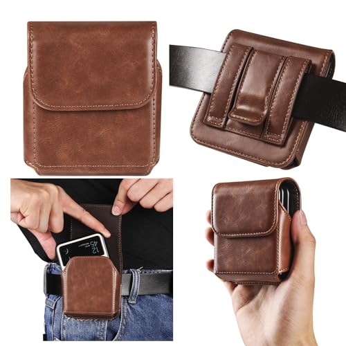 TJS Kompatibel mit Samsung Galaxy Z Flip 5 4 3 5G Serie, Motorola RAZR + 2023 40 Ultra Serie, Magnetverschluss, Klappenhalter, Western-Echtleder, Handytasche am Gürtelholster (Braun) von TJS