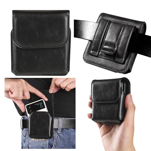 TJS Kompatibel mit Samsung Galaxy Z Flip 5 4 3 5G Serie, Motorola RAZR + 2023 40 Ultra Serie, Magnetverschluss, Klappenhalter, Western-Echtleder, Handytasche am Gürtelholster (Schwarz) von TJS