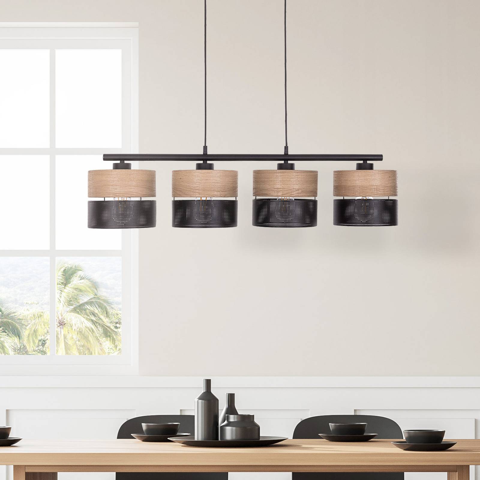 Hängelampe Nicol, schwarz/Holzoptik, 94x20 cm 4-flg. 4 x E27 Hängelampe Nicol, schwarz/Holzoptik, 94x20 cm 4-flg. 4 x E27 von TK Lighting