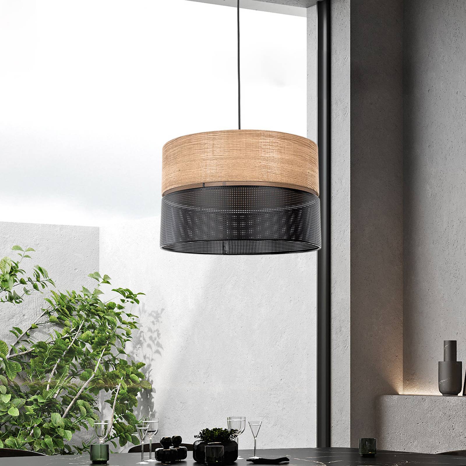 Hängelampe Nicol, schwarz/Holzoptik, Ø 50 cm, 1-flg. 3 x E27 Hängelampe Nicol, schwarz/Holzoptik, Ø 50 cm, 1-flg. 3 x E27 von TK Lighting
