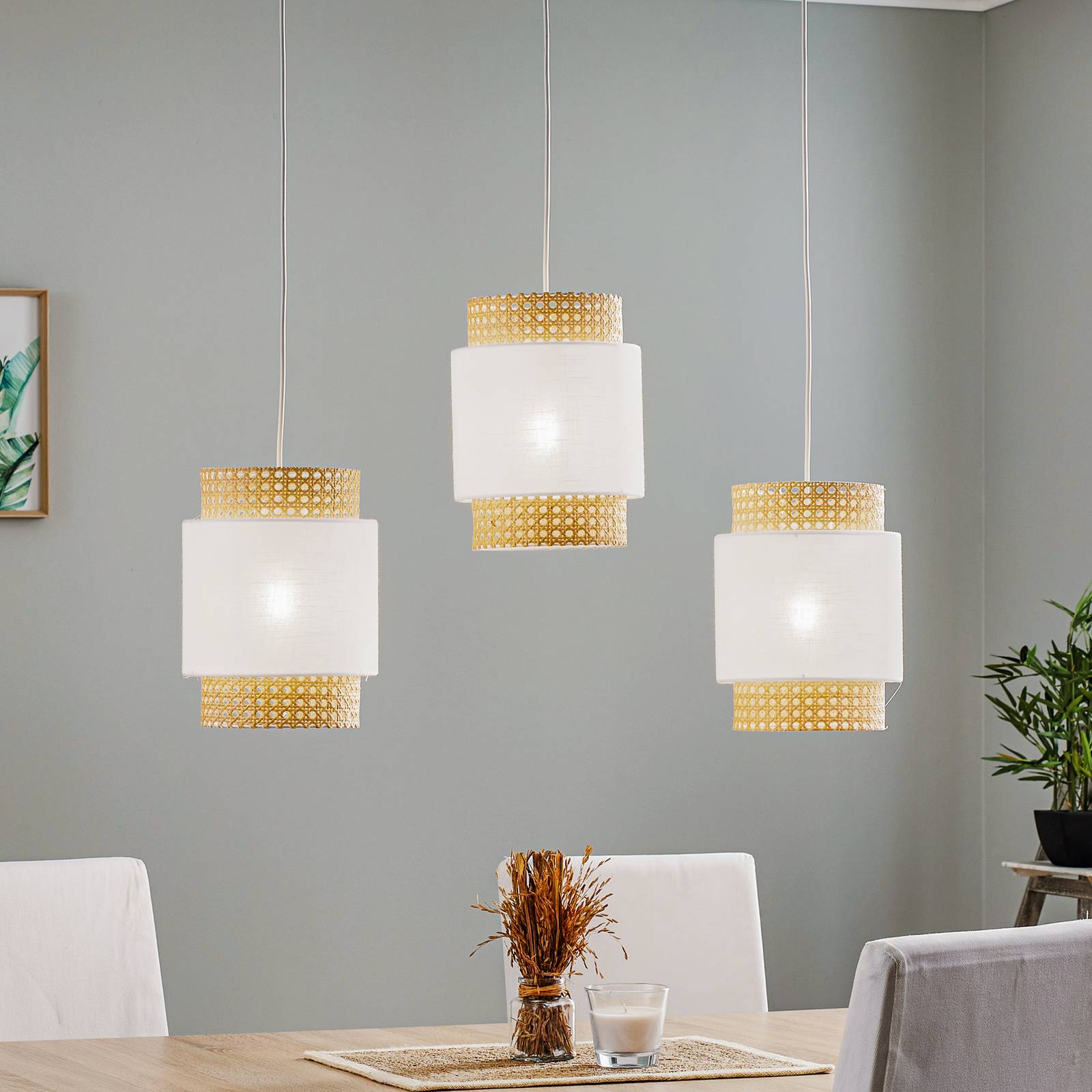 Hängeleuchte Boho linear dreiflammig weiß/Rattan von TK Lighting