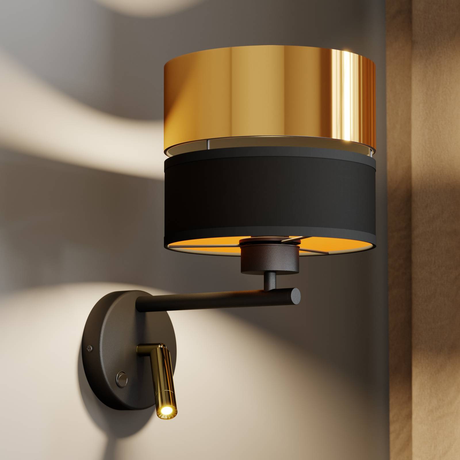 Wandleuchte Hilton schwarz/gold mit LED-Leselicht Wandleuchte Hilton schwarz/gold mit LED-Leselicht von TK Lighting