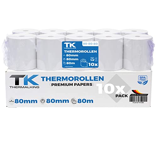 10 Stk. Premium Thermorollen 80mm x 80mm x 12mm – Thermopapier Bonrollen (80 80 12) - zertifiziert für Kassen-Drucker wie IBM, Metapace uvm. von TK THERMALKING