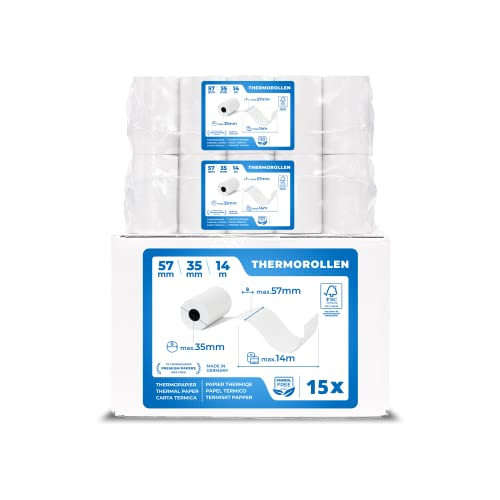 15 x EC Cash Thermorollen - Breite: 57 mm – Durchmesser: 35 mm - Hülsendurchmesser: 12 mm – Länge: 14 m - für Bondrucker, EC-Terminals, etc. von TK THERMALKING