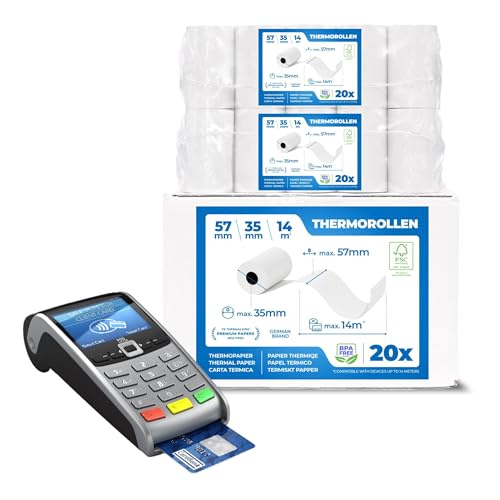 20 x EC Cash Thermorollen - Breite: 57 mm – Durchmesser: 35 mm - Hülsendurchmesser: 12 mm – Länge: 14 m - für Bondrucker, EC-Terminals, etc. von TK THERMALKING