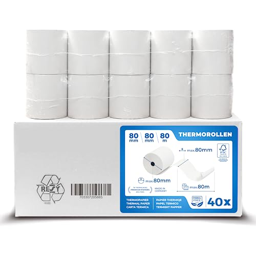 40 Stk. Premium Thermorollen 80mm x 80mm x 12mm – Thermopapier Bonrollen (80 80 12) - zertifiziert für Kassen-Drucker wie IBM, Metapace uvm. von TK THERMALKING