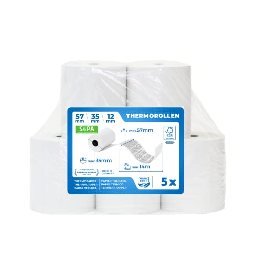 5 x EC Cash Thermorollen mit Lastschrifttext weiß B: 57mm – DM: 35mm - Kern DM: 12mm – L: 14 m alle EC-Cash-Rollen Thermodrucker von TK THERMALKING