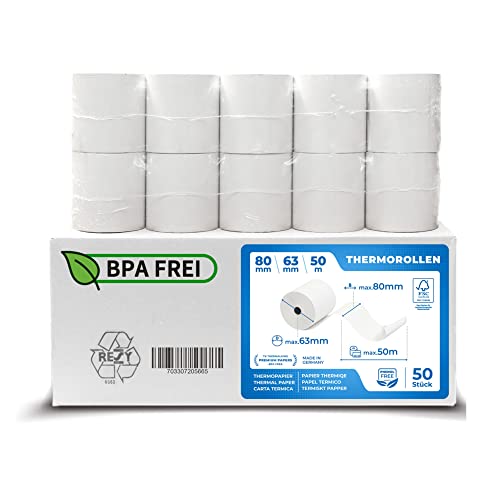 50 Stk. BPA freie Thermorollen 80mm x 63mm x 12mm – 50 m - Thermopapier Bonrollen (80 63 12) - zertifiziert für Kassen-Drucker wie Epson, IBM, Metapace uvm. von TK THERMALKING