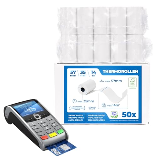 50 x EC Cash Thermorollen - Breite: 57 mm – Durchmesser: 35 mm - Hülsendurchmesser: 12 mm – Länge: 14 m - für Bondrucker, EC-Terminals, etc. von TK THERMALKING