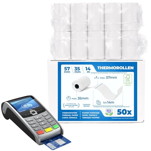50 x EC Cash Thermorollen - Breite: 57 mm – Durchmesser: 35 mm - Hülsendurchmesser: 12 mm – für Bondrucker, EC-Terminals, etc. von TK THERMALKING