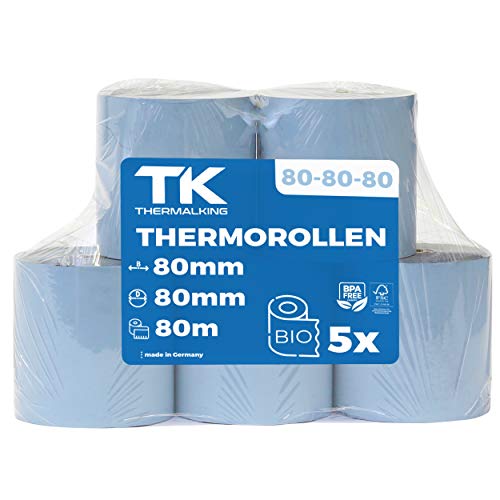 ÖKO Thermorollen 80mm x 80mm x 12mm – Kassenrollen Thermopapier Phenolfreie Bonrollen (80 80 12) Länge: ca. 80m (5) von TK THERMALKING
