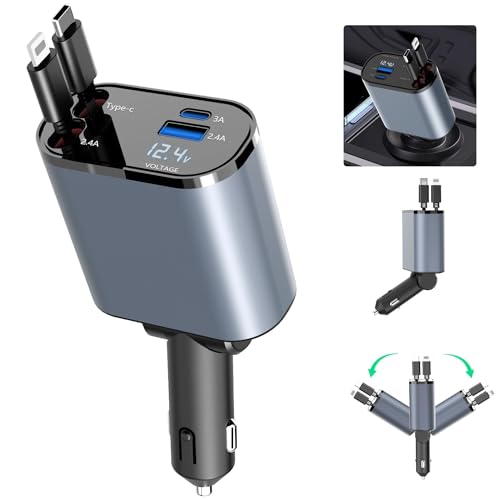 TKMARS Kfz-Ladegerät für iPhone/Zigarettenanzünder, USB C, USB A, Schnellladung, max. 86 W, 2 Kabel, einziehbar, für iPhone 15, iPad, Galaxy, Google – Ladegerät für Handy, LKW, Wohnmobil, Auto von TKMARS