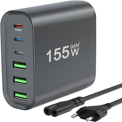 TKOQSMR USB C Ladegerät Mehrfach, 155W 6-Port Schnellladegerät mit 3 USB-C und 3 USB-A, USB c Netzteil for MacBook Pro Air iPad iPhone 16 15 14 Pro/Max/Galaxy (Grau) von TKOQSMR