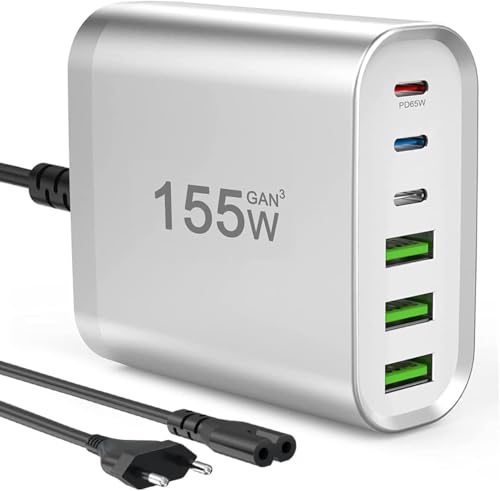 TKOQSMR USB C Ladegerät Mehrfach, 155W 6-Port Schnellladegerät mit 3 USB-C und 3 USB-A, USB c Netzteil for MacBook Pro Air iPad iPhone 16 15 14 Pro/Max/Galaxy (Silber) von TKOQSMR