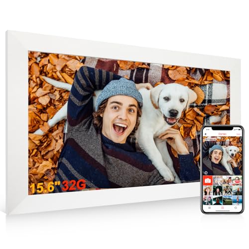 Digitaler Bilderrahmen 15,6 Zoll, 1920x1080 FHD IPS Elektronischer Fotorahmen Groß Touchscreen WLAN. 20.000 Fotos(32GB) Frameo Digital Photo Frame, Teilen von Bildern/Musik/Videos, Weiß von TMCC