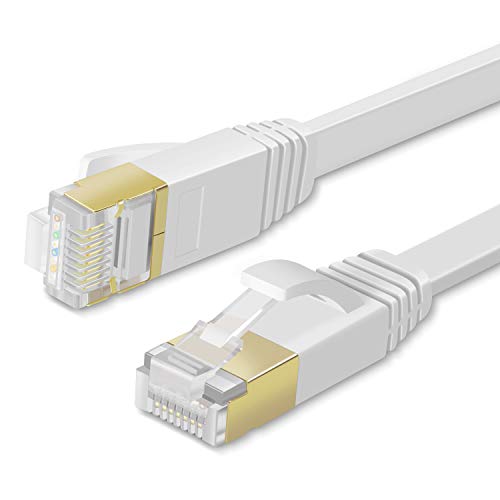 TNP 1m LAN Kabel, CAT 7 Kabel, Ethernet Kabel flach, Netzwerkkabel, Internetkabel, 10 Gigabit Cat7 Patchkabel mit U FTP Schirmung & vergoldeter RJ45 Stecker für PC Computer, WLAN-Router Modem, weiß von TNP Products