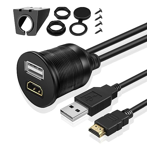 TNP USB + HDMI Einbaubuchse Kabel - 1m, Kfz USB & HDMI Einbau Buchse Kabel, Auto USB & HDMI Aux Verlängerungskabel, Stereo Audio Adapter für Armaturenbrett, LKW, Boot, Motorrad, Autoradio, schwarz von TNP Products
