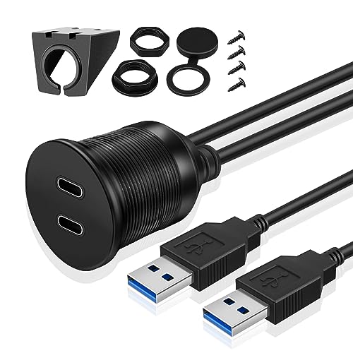 TNP USB C Einbaubuchse Kabel - 2m, Kfz USB 3.0 Einbau Buchse Kabel, USB Typ C Verlängerungskabel, USB Armaturenbrett Kabel, 2x Typ A Stecker auf 2x Typ C Buchse für Auto, LKW, Boot, Motorrad, schwarz von TNP Products