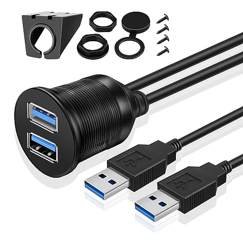 TNP USB Einbaubuchse Kabel - 2m, Kfz USB 3.0 Einbau Buchse Kabel, USB Verlängerungskabel, runder USB Armaturenbrett Kabel, 2X Stecker auf 2X Buchse Adapter für Auto, LKW, Boot, Motorrad, schwarz von TNP Products