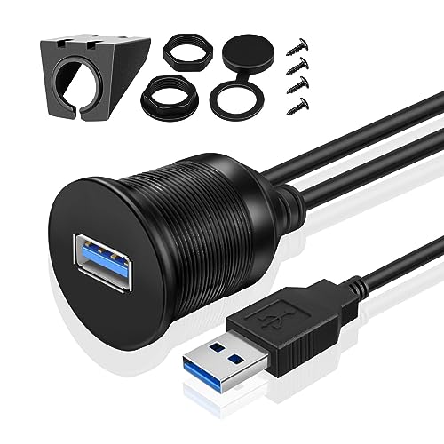TNP USB Einbaubuchse Kabel - 2m, Kfz USB 3.0 Einbau Buchse Kabel, USB Verlängerungskabel, runder USB Armaturenbrett Kabel, Stecker auf Buchse Adapter für Auto, LKW, Boot, Motorrad, schwarz von TNP Products