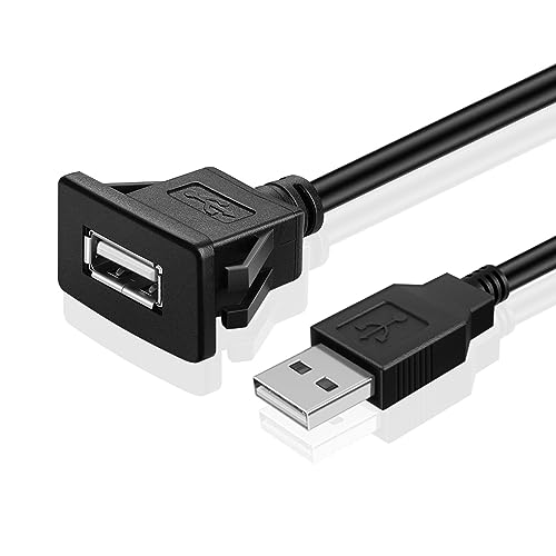 TNP USB Einbaubuchse Kabel - 2m, Kfz USB Einbau Buchse Kabel, USB Verlängerungskabel, viereckiger USB Armaturenbrett Kabel, Stecker auf Buchse Adapter für Auto, LKW, Boot, Motorrad, schwarz von TNP Products