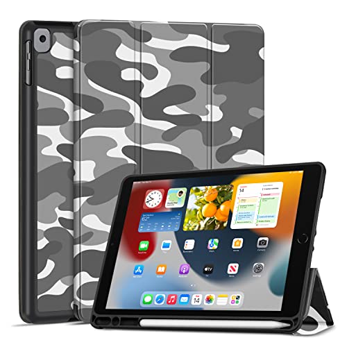 TNP iPad Hülle für iPad 9./8./7. Generation 10,2 Zoll 2021/2020/2019 Modell, Schutzhülle mit Stifthalter, dünner und weicher iPad Case aus TPU, iPad Cover mit Auto Schlaf/Wach Funktion, Tarnung Grau von TNP Products