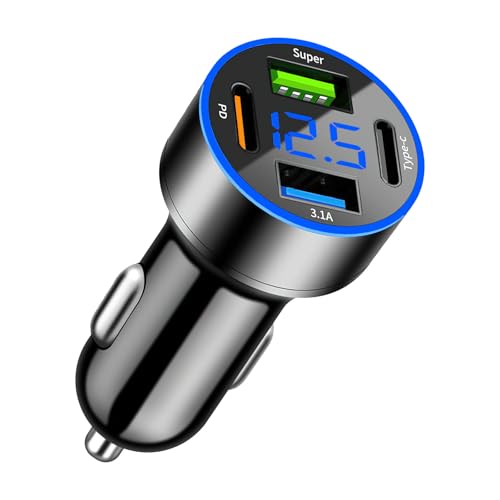 TNSLAND Zigarettenanzünder USB C 4-Port, USB Zigarettenanzünder Adapter Ladegerät Zigarettenanzünder, USB Auto Adapter mit LED Voltmeter, Duales PD30W+QC3.0 für iOS Android Tablet Allen Smartphones von TNSLAND