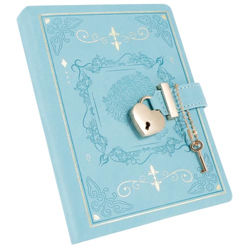 TNTGMG B6 Tagebuch mit Schloss und Herzschlüssel, 288 linierte Seiten, nachfüllbares Notizbuch, 18×13,5×3 cm, blumiges Notizbuch, tägliches Tagebuch für Mädchen und Frauen Geschenke(Blau) von TNTGMG