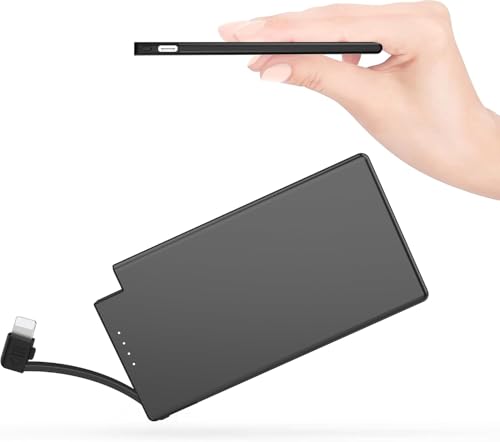 TNTOR 5000mAh Ultra Slim Power Bank mit intregierten Kabel für iPhone, [6mm Dicke] Metallschale Tragbare Mini Powerbank - Schwarz von TNTOR