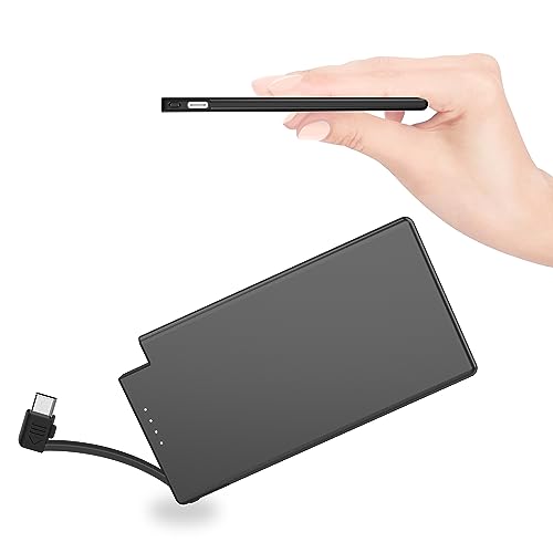 TNTOR 5000mAh Ultra Slim Power Bank mit intregierten USB C Kabel, [6mm Dicke] Metallschale Tragbare Mini Powerbank für Samsung Galaxy Sony Huawei Xiaomi - Schwarz von TNTOR