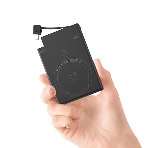 TNTOR Magnetischer externer Akku 5000 mAh mit integriertem USB C Kabel-Dünner tragbarer und Leichter externer Akku -Kompakter externer Akku für Samsung,Sony, Xiaomi,iPhone 15-(Nicht drahtloses Laden) von TNTOR