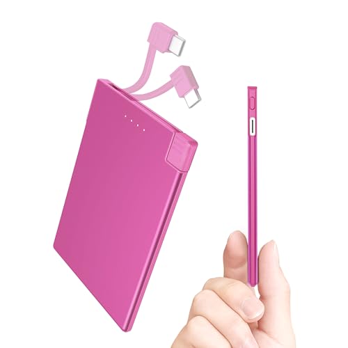 TNTOR Power Bank, 3500mAh Ultra Slim Powerbank, externer Akku externes Ladegerät mit intregierten USB C Kabel Kompatibel mit iPhone 15-Serie, Samsung, Sony Xiaomi usw- Rosa von TNTOR