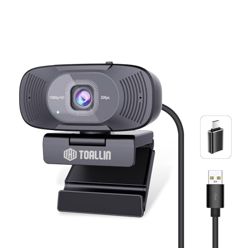 TOALLIN 1080P Full HD-Webcam mit Zwei Mikrofonen, Computer-Webkamera, 90°-Weitwinkelansicht ohne Verzerrung, USB-Plug-and-Play-Webcam für Videokonferenzen/Online-Anrufe/Live-Streaming von TOALLIN
