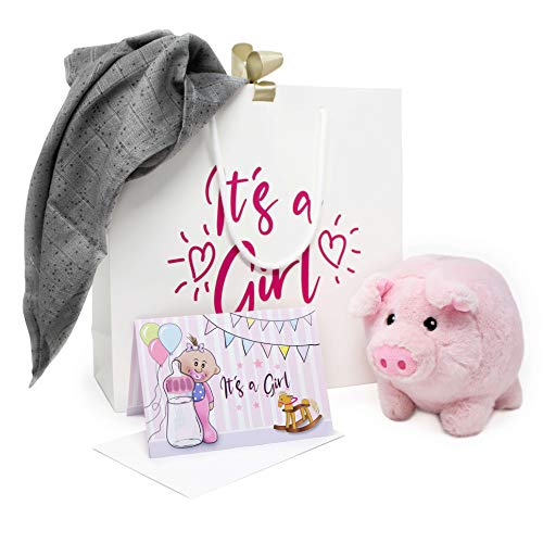 Baby Mädchen Geschenk zur Geburt - Geschenkset Girl Pink mit Sparschwein im Set | Babyset mit Geschenkbox und Glückwunschkarte für Babyparty | Babygeschenke Kuscheltier Mulltuch Karte und Tasche von TOBJA