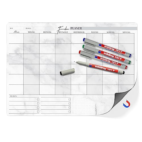 TOBJA® Familienplaner abwischbar DIN A3 magnetisch - Wochenplaner bis 6 Personen oder Monatsplaner - Inkl. 4 Markenstifte bunt - Organisieren und planen leicht gemacht! (Magnettafel + 4 Stifte) von TOBJA