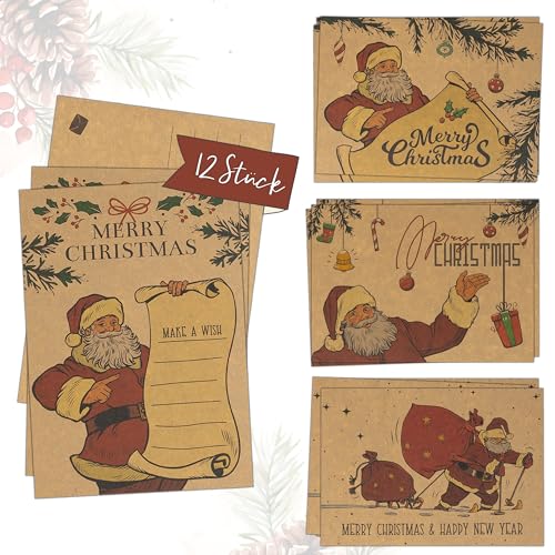 TOBJA® Weihnachtskarten Set Postkarten - 12x Original Kraftpapier Karten | Frohe Weihnachten Karten Santa | 4 x 3 Postkarten Weihnachten von TOBJA