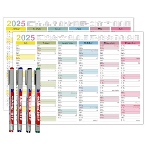 TOBJA 2024 A4 Tafelkalender - Bunter Jahresplaner, abwischbar & wasserlöslich, inkl. 4 Stifte. Kalender 2024 Wandkalender (abwischbar +4 Stifte) von TOBJA