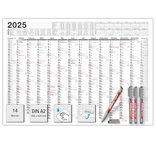TOBJA Abwischbarer Wandkalender 2024 A2 inkl. 4 Wasserslöslichen Markenstiften | Kalender A2 14 Monate | Jahreskalender mit Ferien 2024 | 250g/m²-Papier (A2 abwischbar + 4 Stifte) von TOBJA