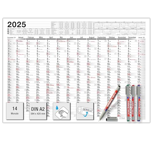 TOBJA Abwischbarer Wandkalender 2025 A2 inkl. 4 Markenstifte | Kalender 2025 A2, gerollt versendet, 14 Monate | Jahreskalender mit Ferien 2025 | 250g/m² Papier von TOBJA