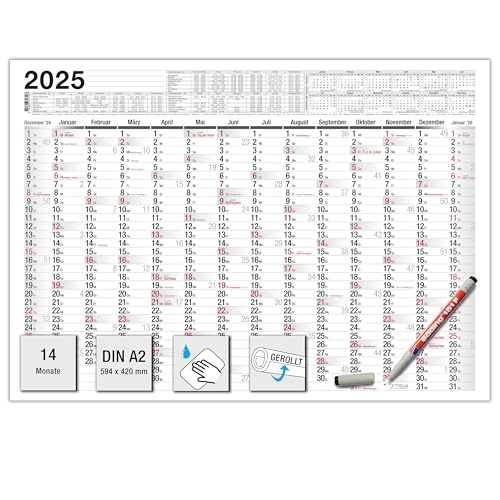 TOBJA Abwischbarer Wandkalender 2024 A2 inkl. Wasserslöslichen Markenstift| Kalender A2 14 Monate | Jahreskalender mit Ferien 2024 | 250g/m²-Papier (A2 abwischbar + Stift) von TOBJA