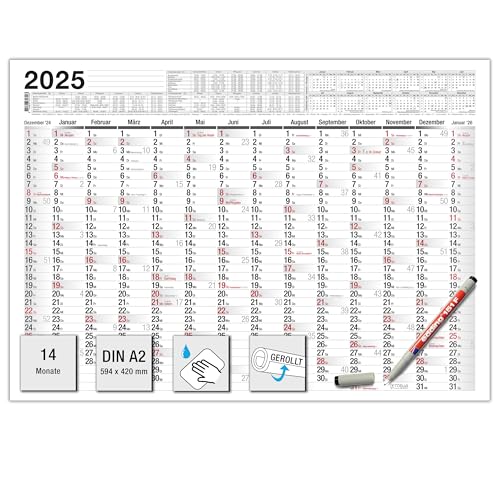 TOBJA Abwischbarer Wandkalender 2025 A2 inkl. Markenstift | Kalender 2025 A2, gerollt versendet, 14 Monate | Jahreskalender mit Ferien 2025 | 250g/m² Papier von TOBJA
