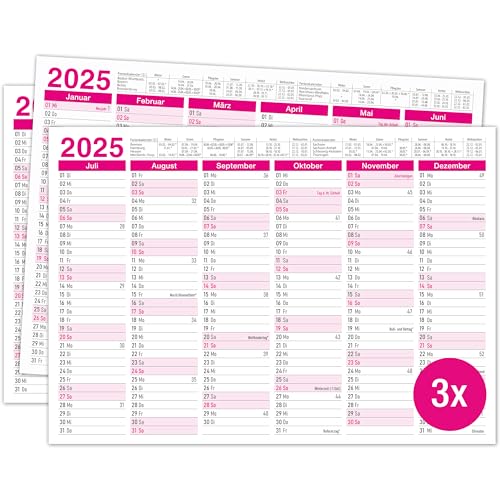 TOBJA Jahreskalender 2025 DIN A4 Pink - Tafelkalender im 3er Set, Wand- & Tischkalender Ideal für Kosmetikstudio & Friseur, mit Schulferien. Kalender 2025 A4 (3 Stück Papier) von TOBJA
