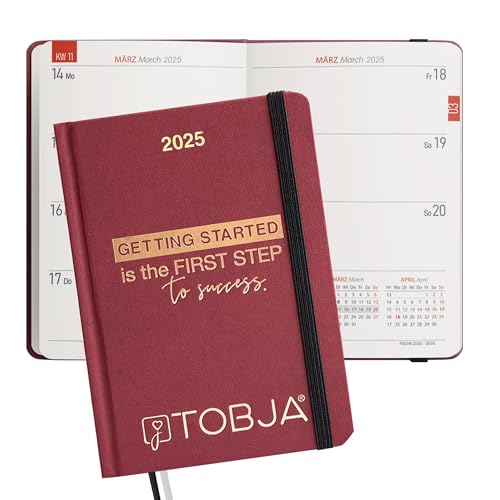 TOBJA Taschenkalender 2025 A6 rot - 1 Woche 2 Seiten, Robustes Hardcover, Taschenkalender 2025 klein, Ferien & Feiertage, 2 Lesebändchen & Gummiband, Kalender 2025 a6 [red] von TOBJA