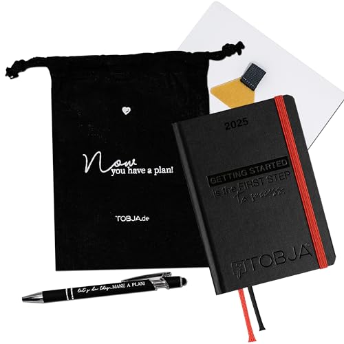 TOBJA Taschenkalender 2025 A6 schwarz + Zubehör Set - Terminplaner mit Froschtasche, Stift, Pen-Loop und Beutel | Hardcover Kalender 2025 A6 (black + Zubehör) von TOBJA