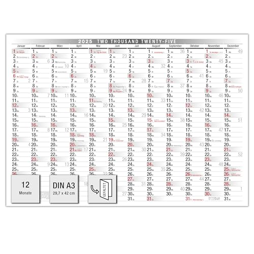TOBJA Wandkalender 2025 A3 - Übersichtlicher Kalender 2025 mit Feiertagen und Wochennummern. Jahreskalender 2025 DIN A3 30 x 42 cm von TOBJA
